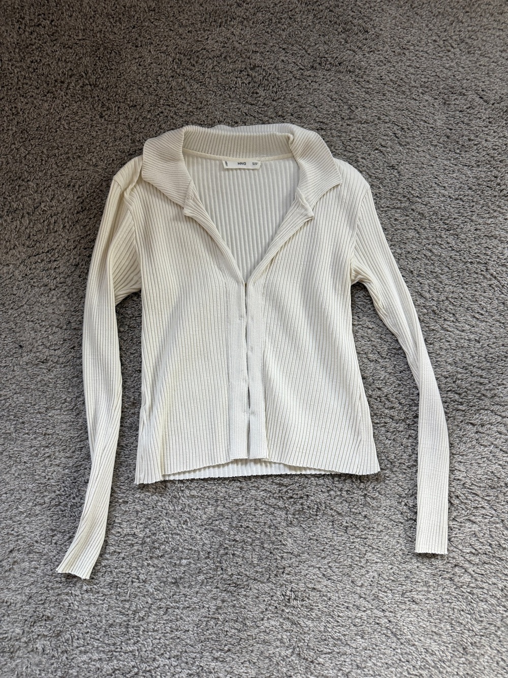 Mango Cream Ribbed Collared Button-Front Cardigan